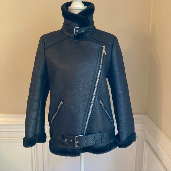 ZARA Black Faux Leather Fur Funnel Neck Moto Aviator Jacket Coat - Picture 16 of 16